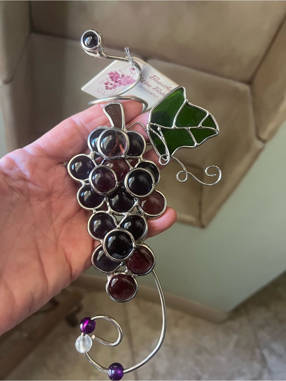 Stained Glass Grape Cluster Wine Bottle Ornament Decor Purple Grapes with Tag